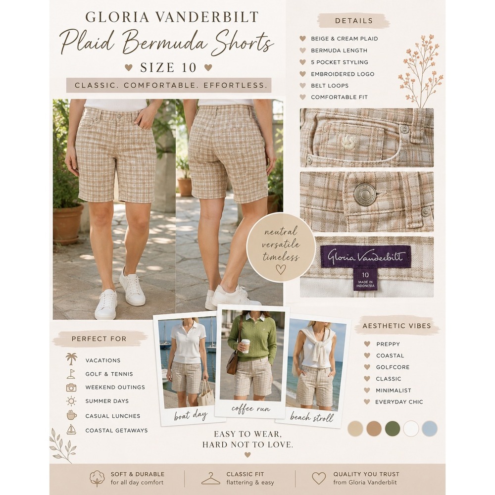 Gloria Vanderbilt Plaid Shorts Tan White Cotton Blend Preppy Summer Women Size10